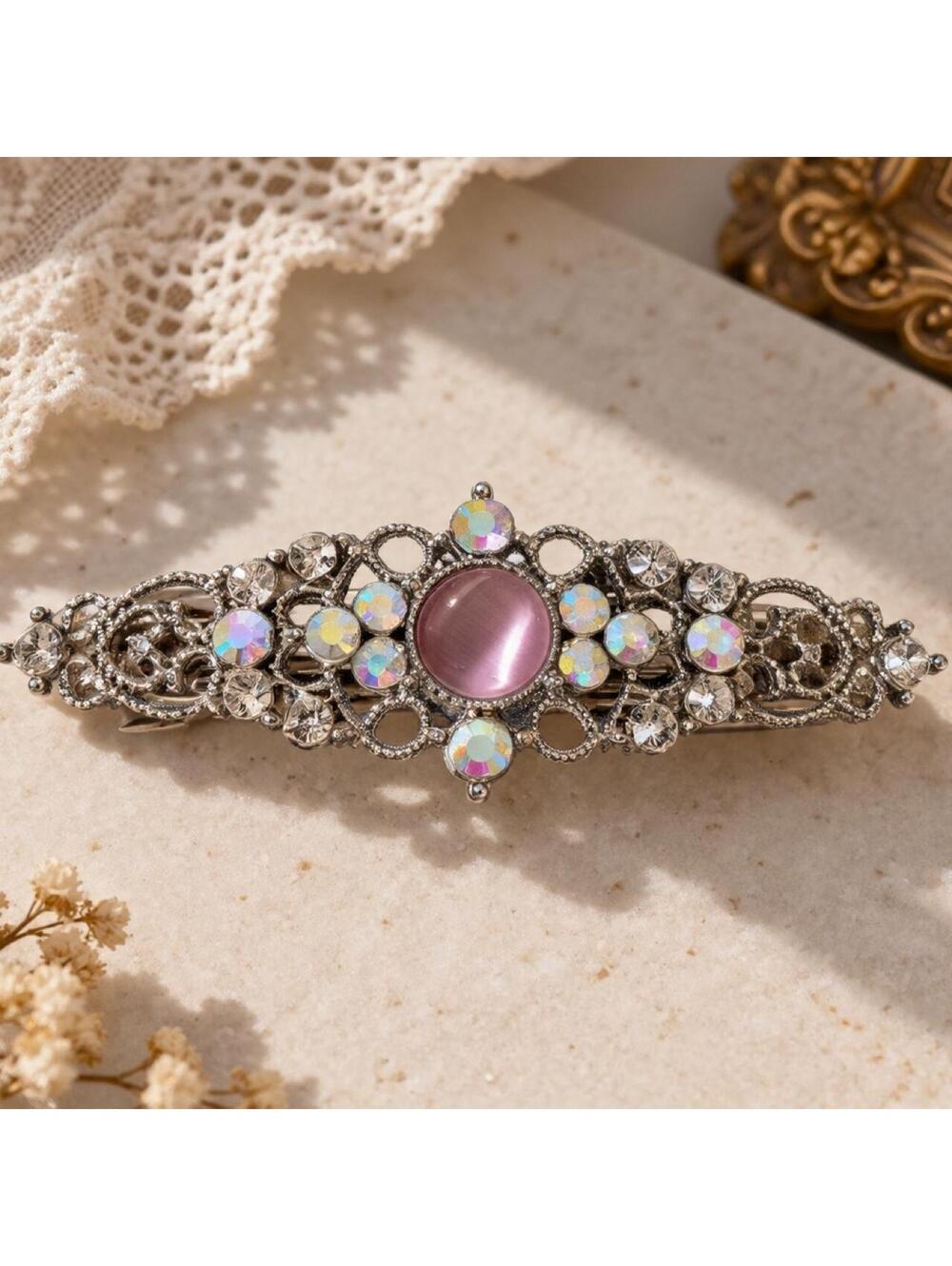 Pink Cat Eye AB Rhinestone Filigree Barrette Romantic Hair Clip